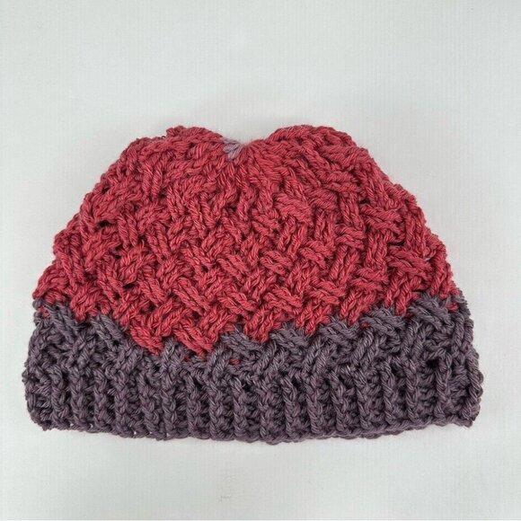 Handmade Basketweave Knit Beanie Pink Grey Merino‎ Wool Blend Winter Hat NEW